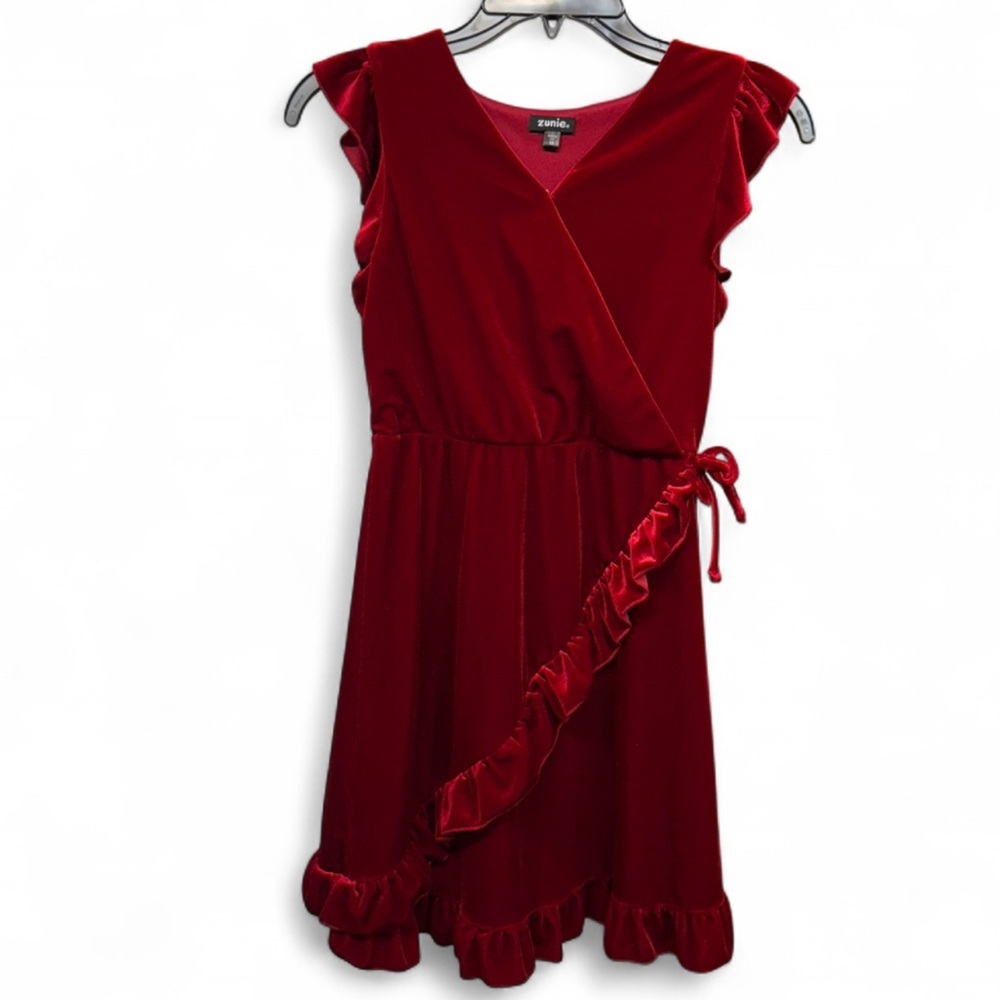 Zunie Girls Red Velvet Ruffle Faux Wrap Holiday Party Dress Size 12